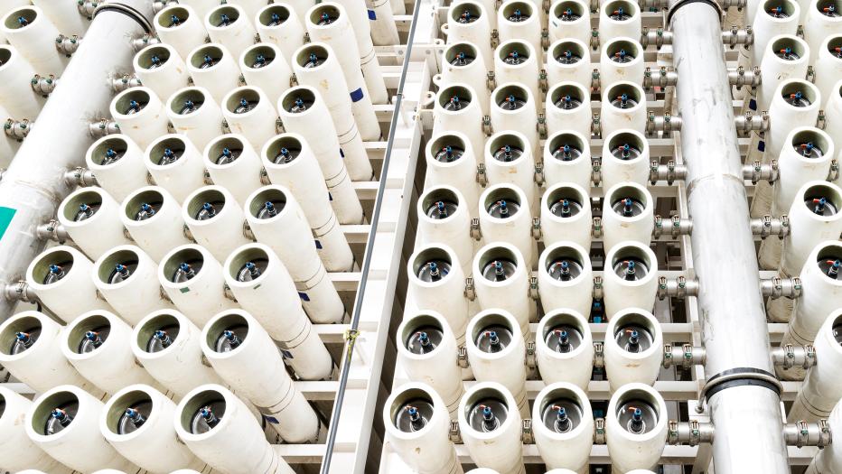 The reverse osmosis equipment in a desalination plant.