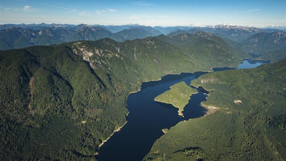 Stock aerial photo of the Coquitlam Lake Reservoir and mountains, Canada