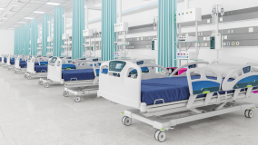 Stock image of blue hospital beds lined up