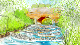 Sketch of a river with rock barriers and a bridge above it