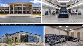 Grid of four building interior and exteriors