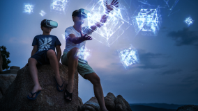 Father and son with virtual reality googles and simulated view