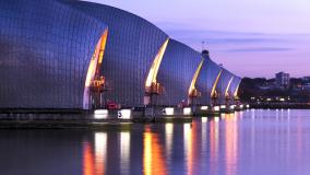Sunset on the flood barriers on the River Thames