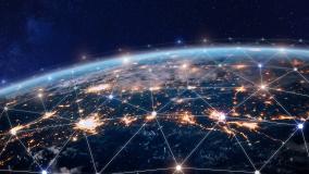 Connected world from space with yellow data points