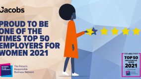 Illustration of a woman, plus Jacobs logo and The Times Top 50 Employers for Women logo