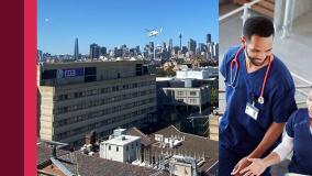 Hospital banner with view of hospital and staff members