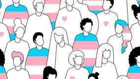 A drawing of multiple people with the trans flag on their clothing