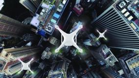 Stock image of a drone over skyscrapers