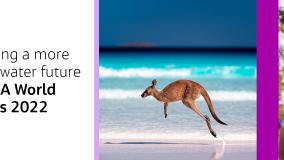 Banner graphic with kangaroo on a beach and woman drinking water