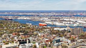 Aerial view of Staten Island, New York City, and Oil storage in Bayonne, New Jersey, USA.