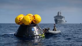 The Crew Module Test Article (CMTA) is seen in the waters of the Pacific Ocean during NASA’s Underway Recovery Test 10 (URT-10). The CMTA is a full-scale mockup of the Orion spacecraft and is used by NASA and its Department of Defense partners to practice recovery procedures for crewed Artemis missions. URT-10 is the first test specifically in support of the Artemis II mission and allowed the team to practice what it will be like to recover astronauts and get them back to the recovery ship safely.