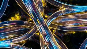 Shanghai highway junction aerial view at night time