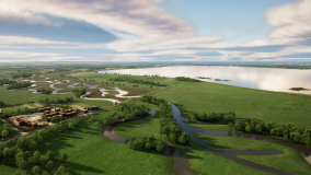 Artist illustration of river and green fields