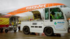 Baggage tractor and luggage cart in front of easyJet aeroplane.