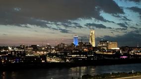 Missouri River through downtown Omaha at night