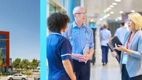 Collection of health related imagery including an orange hospital with full panel windows, doctor and nursing staff in scrubs and a fitness tracker on someone's arm