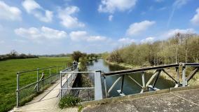 Riverbank and bridge beside a field.