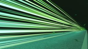 Green speed light trail on road with leaves, renewable energy highway transportation concept, clean eco power car street light at night, zero emission electric vehicle technology 3d rendering