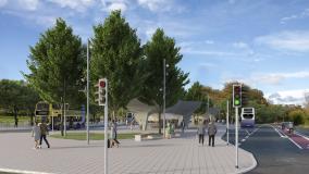 Illustration of proposed bus corridors infrastructure with bus stops, roads, pedestrian paving.
