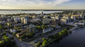 Aerial view of Madison city downtown at sunset, Wisconsin