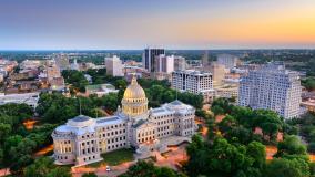 Jackson, Mississippi, USA cityscape at dusk.