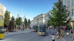 Artist impression of shopping area with light rail transit.