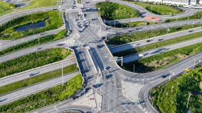 Aerial, drone, afternoon photo of a diverging diamond interchange (DDI), located in Woodbury, NY.