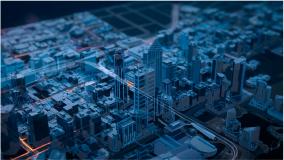 Digital 3D model of a cityscape, representing a spatial digital twin