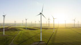 A wide green landscape featuring several tall white wind turbines with three blades each, set against a clear sky at sunrise