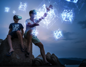 Father and son with virtual reality googles and simulated view