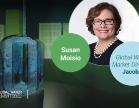 Susan Moisio headshot with Global Water Summit banner