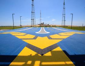 Blue and yellow painted landing strip