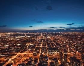 Aerial View of Chicago Skyline at Night - stock photo