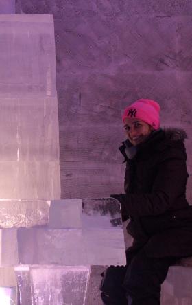 Claudia Jaramillo at an ice bar in Harbin