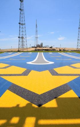 Blue and yellow painted landing strip