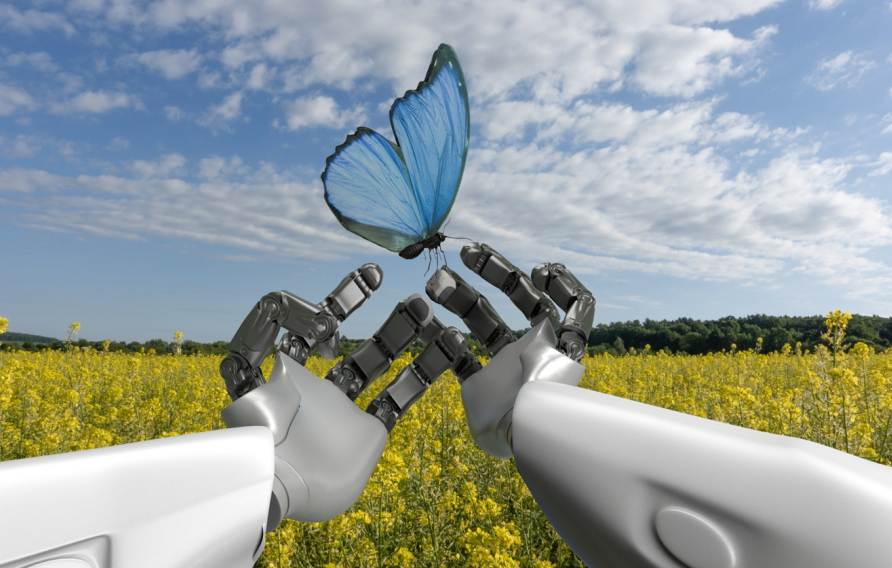 Silver robot arms in a yellow field holding a blue butterfly against a blue cloud filled sky