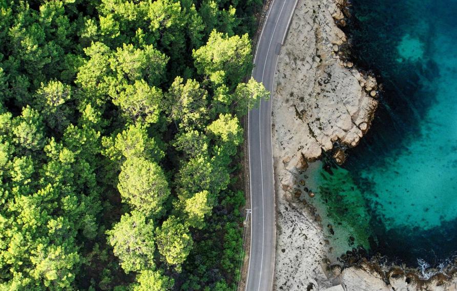 Aerial view of a road cutting in between green trees and bright aqua body of water