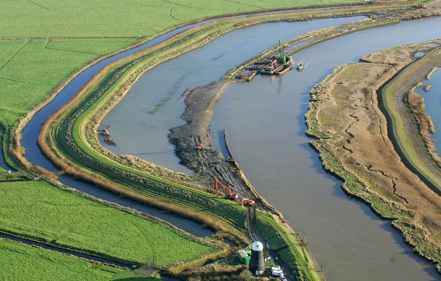 Aerial view of a river with high water 