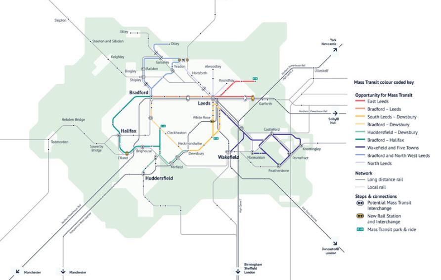 Route map of West Yorkshire mass transit lines