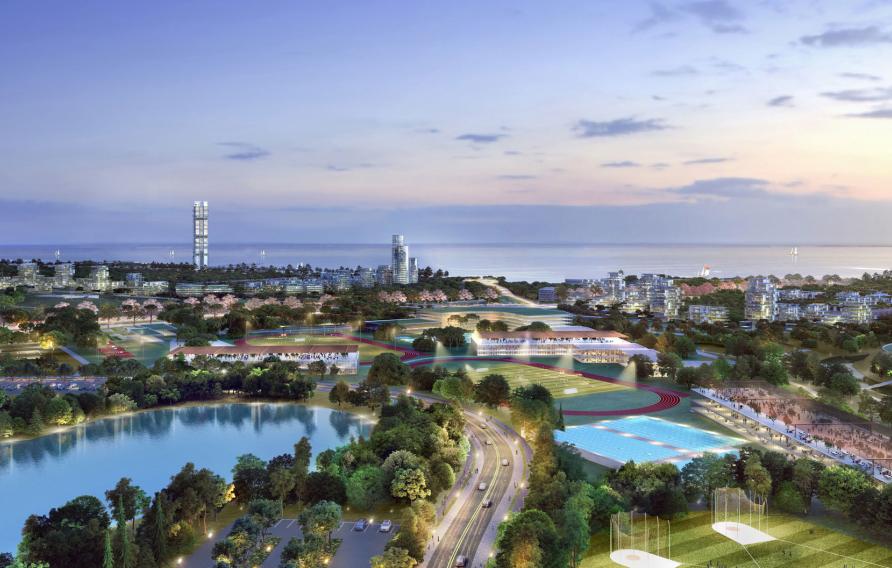 Aerial rendering of cityscape