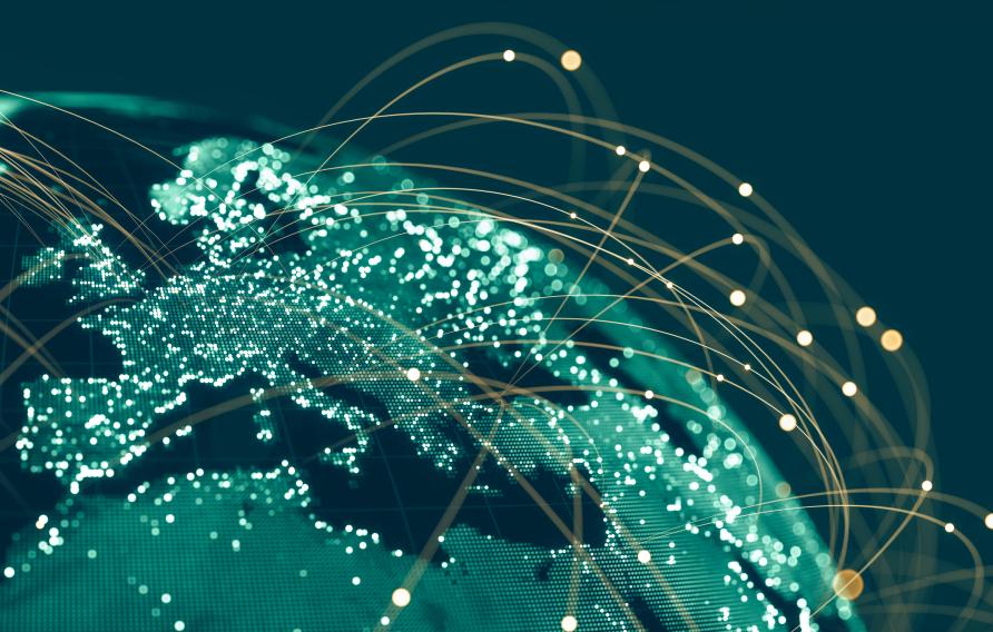 digital image of curved lines with dots arching over globe