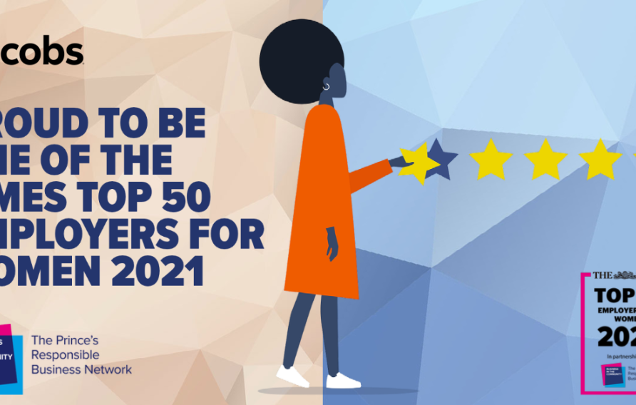 Illustration of a woman, plus Jacobs logo and The Times Top 50 Employers for Women logo