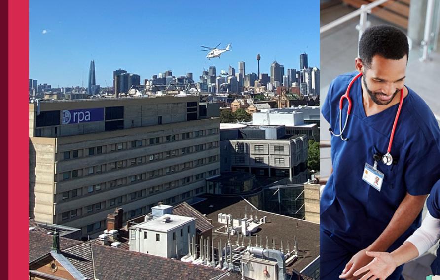 Hospital banner with view of hospital and staff members