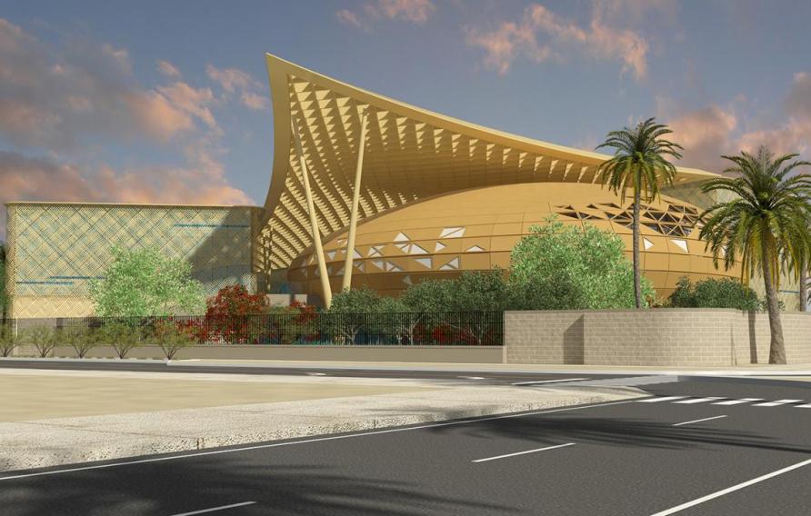 Architectural render of the main facade of the Sinnovate technology hub in Saudi Arabia