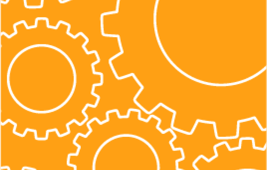yellow background with white outline of gears