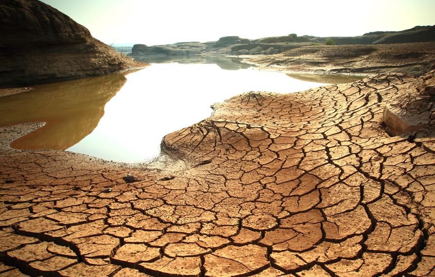 Dried and cracked land with pool of water rescinding