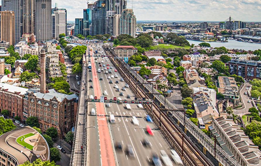 Sydney cityscape with road and port