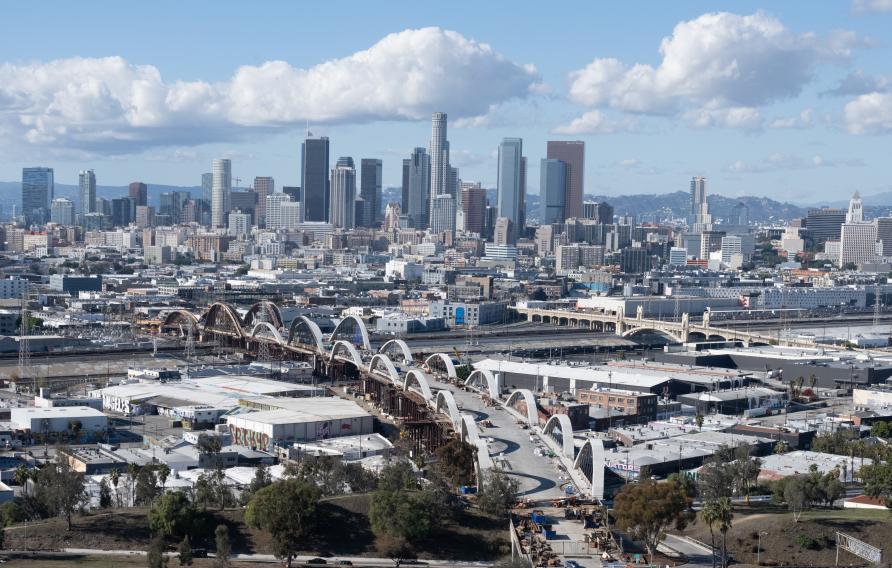 Arial view of City of Los Angeles and Sixth Street Viaduct by day