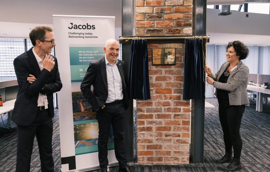 Unveiling plaque at the Jacobs Belfast office