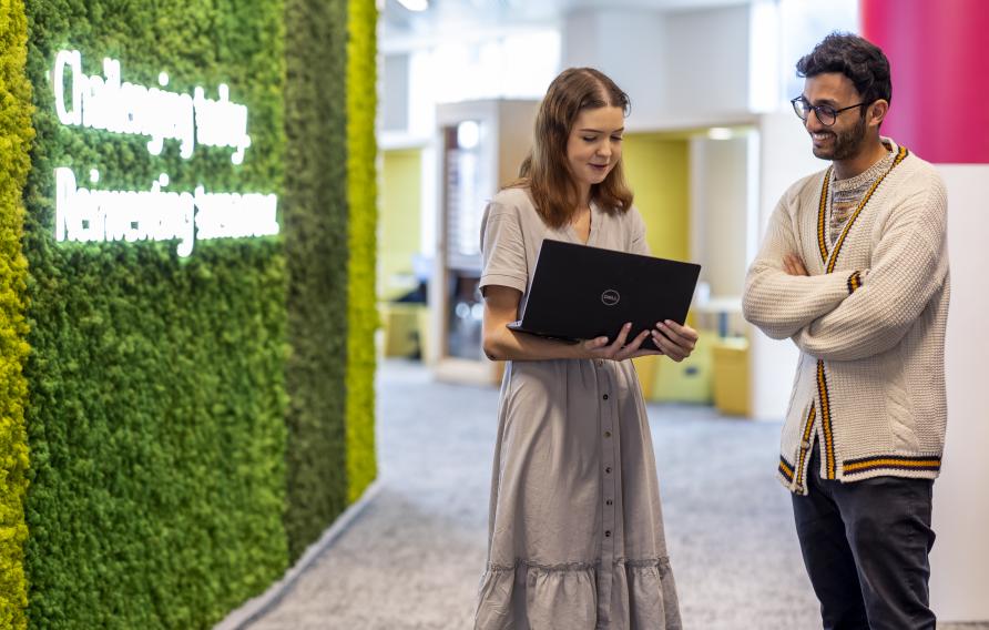 Young woman shows her laptop to a young man